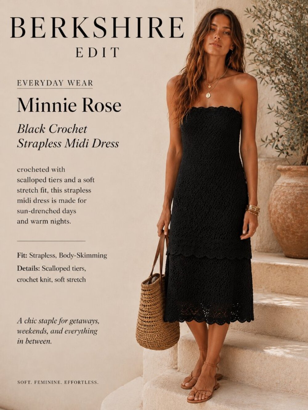 Minnie Rose Black Crochet Strapless Midi Dress Boho Tiered L